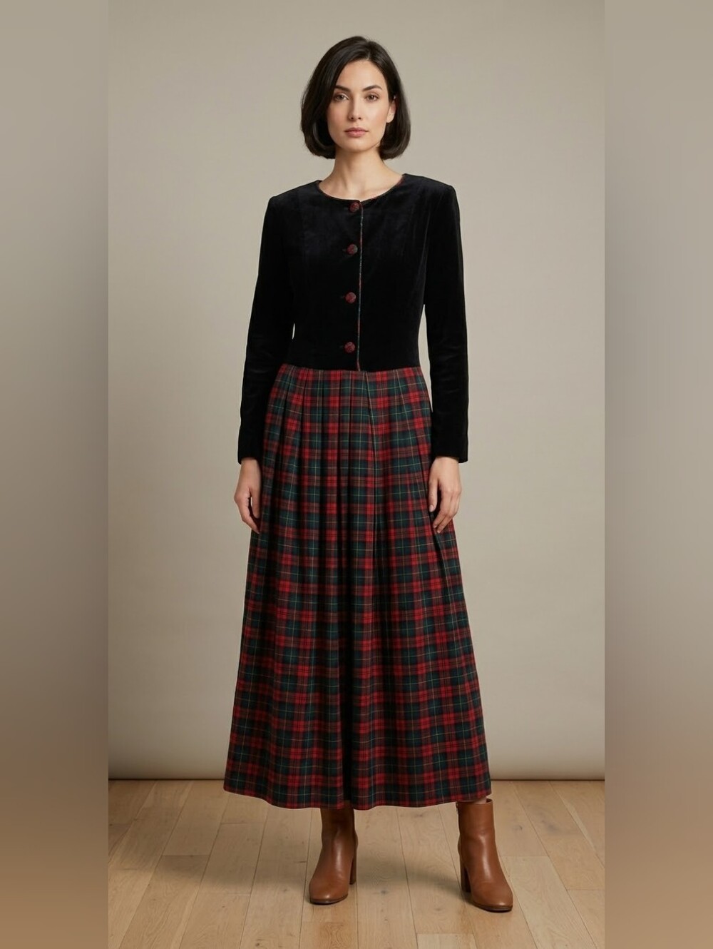 VTG 80s 90s Susan Bristol Velvet Tartan Plaid Maxi Dress Made in Canada Size 12